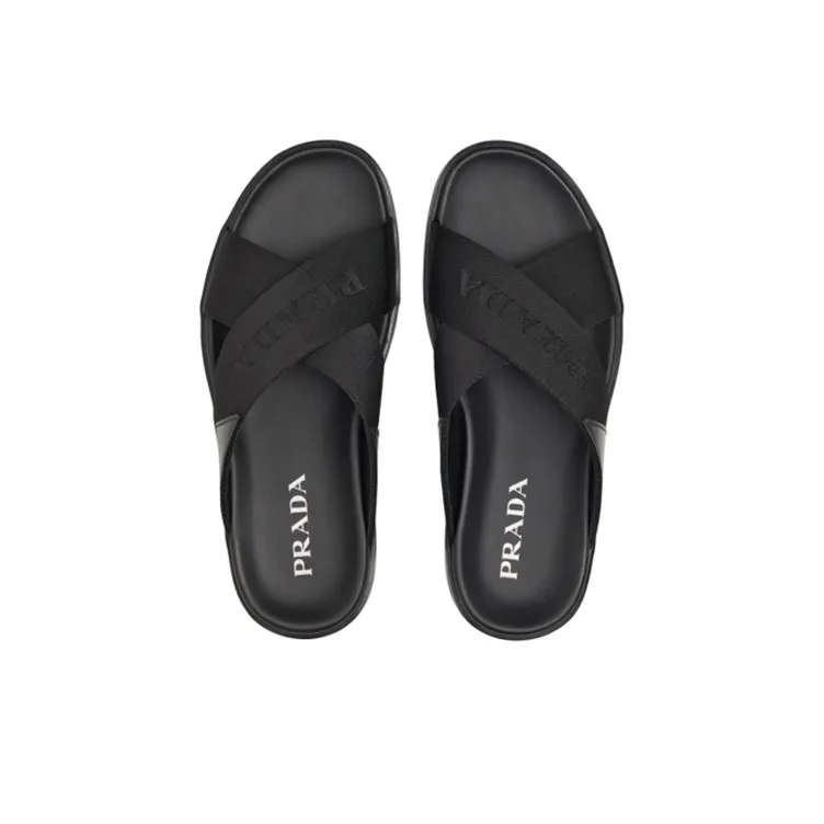 PRADA Nylon Tape Crisscross Slides Black Leather Men's-4