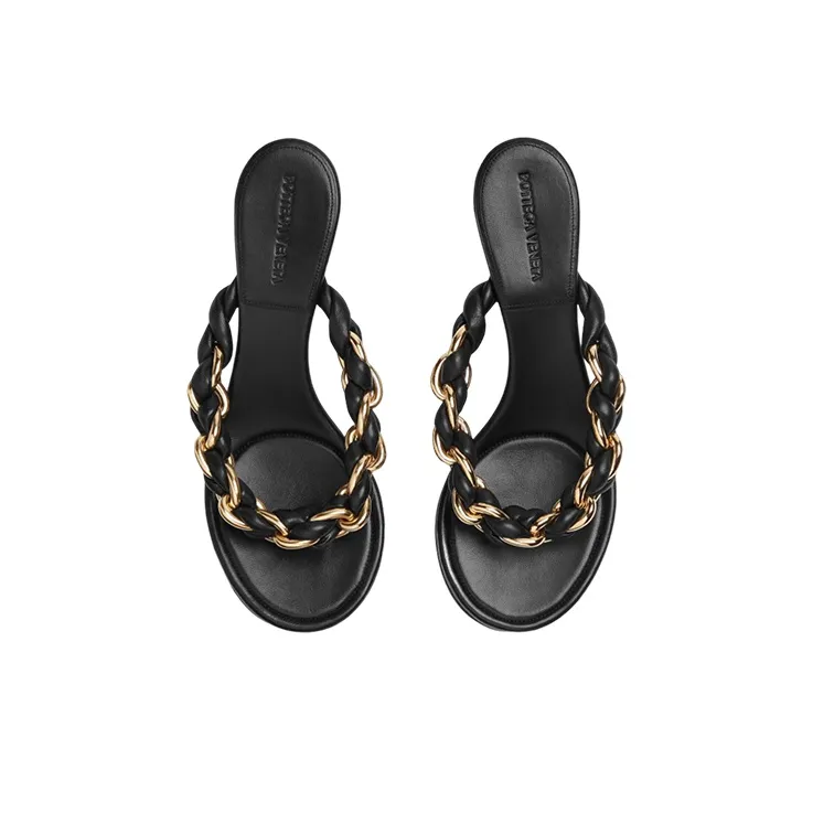 Bottega Veneta Dot Leather Patchwork Abrasion Resistant Flip Flops Women's Black-3