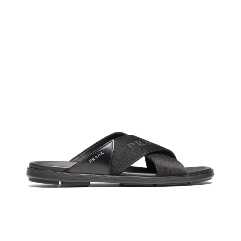 PRADA Nylon Tape Crisscross Slides Black Leather Men's-1
