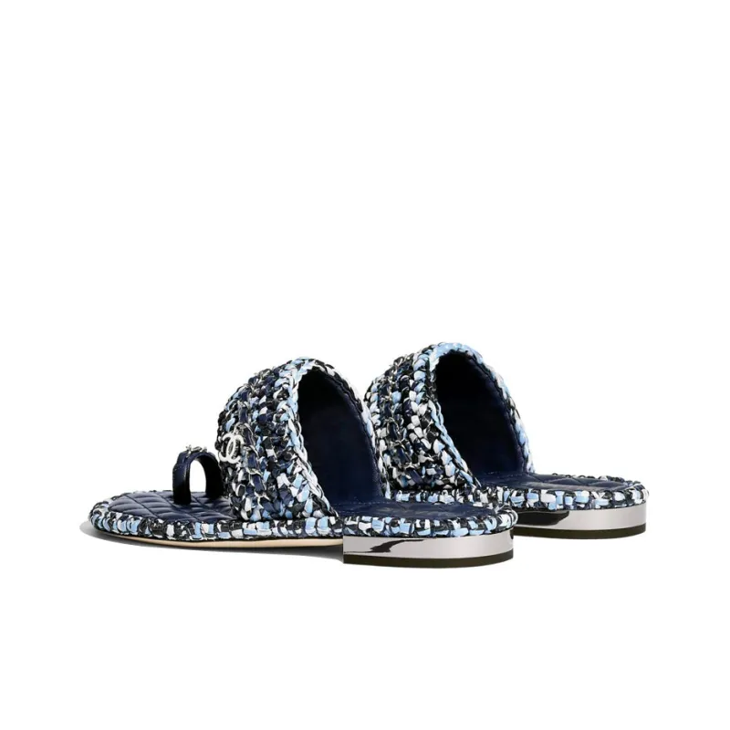 CHANEL Genuine Leather Sole Abrasion Resistant Slide Slippers Women's Blue Black-3