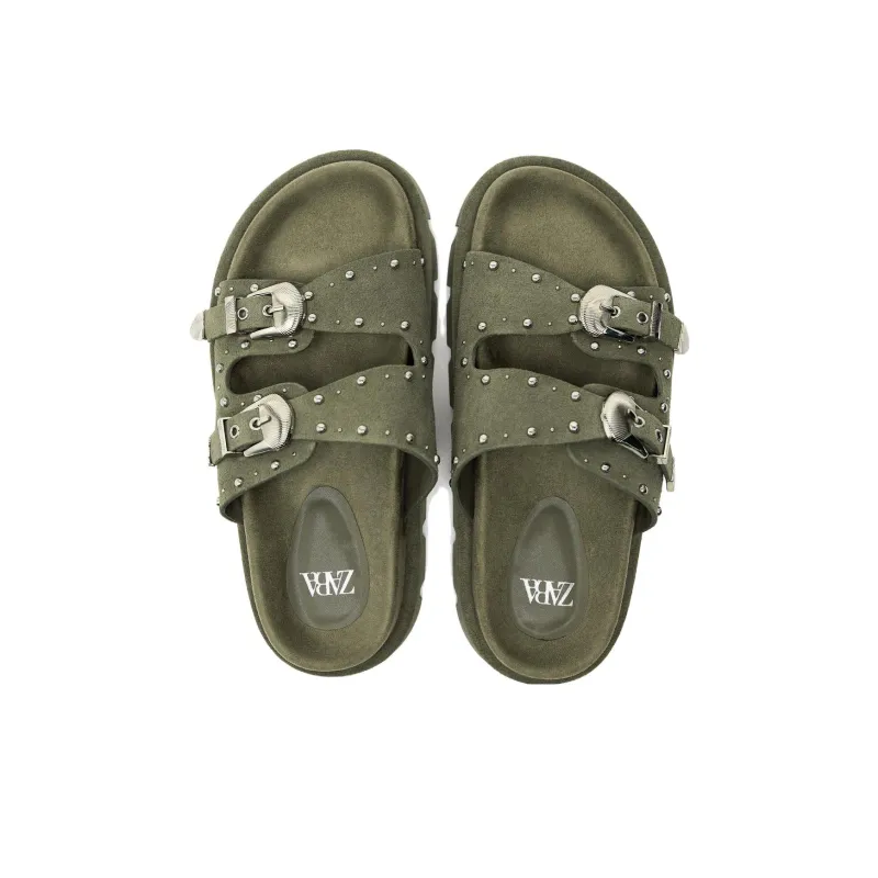 ZARA Trf Rubber Sole Slide Slippers Women's Khaki Green-2