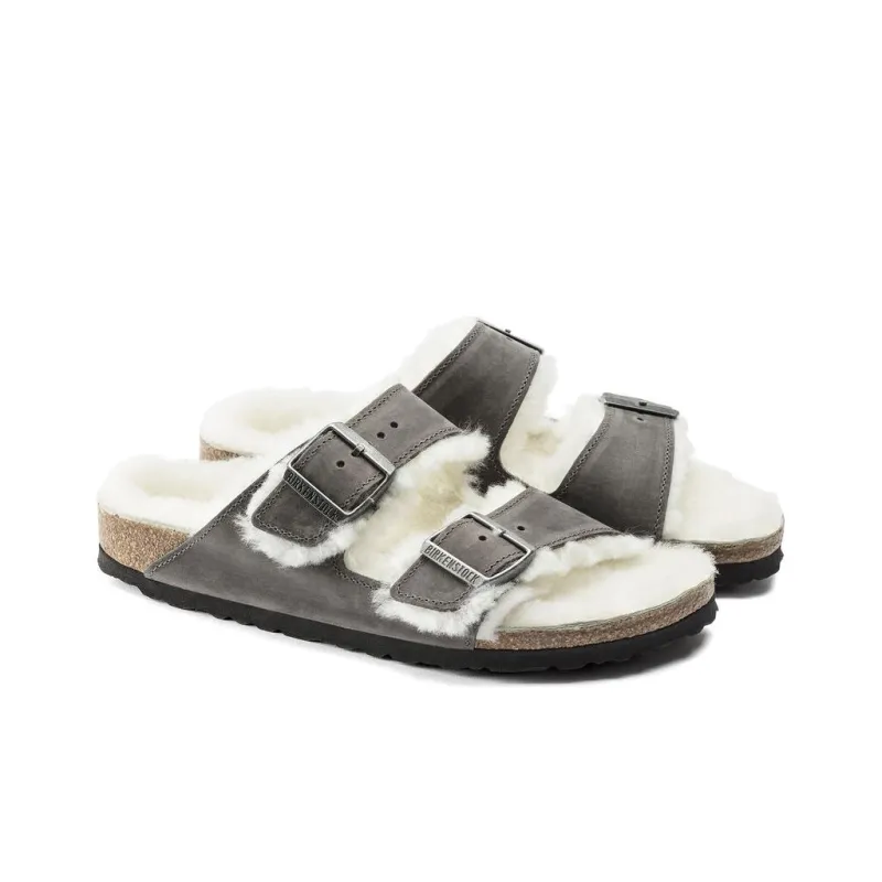 Birkenstock Arizona Shearling Waxy Leather Oiled 'Iron'-2