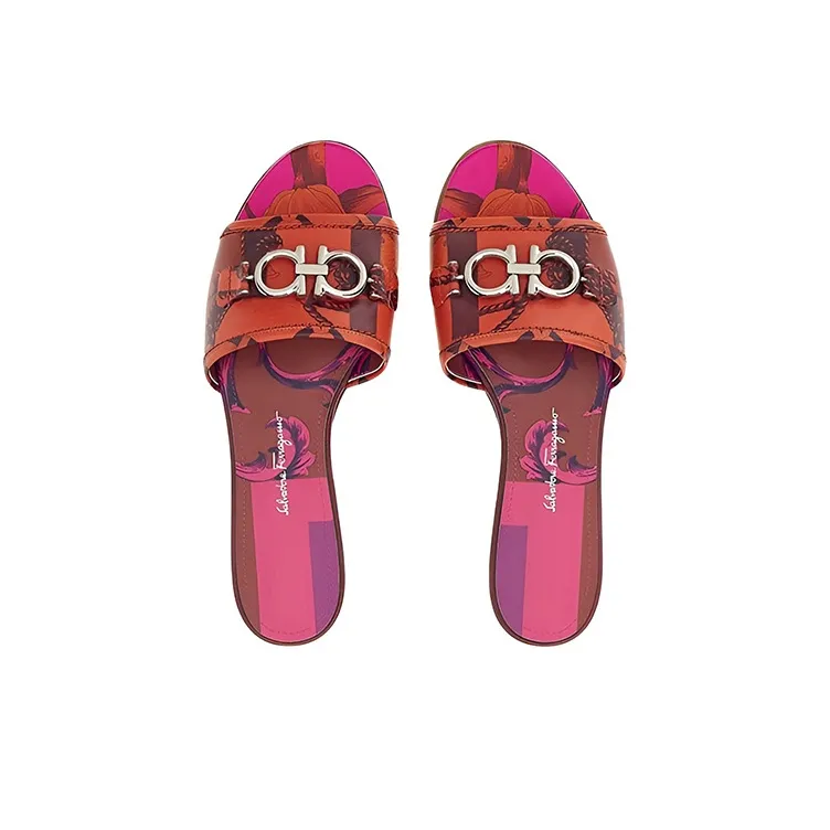 FERRAGAMO GANCINI Abrasion Resistant Slide Slippers Women's Red Brown-3