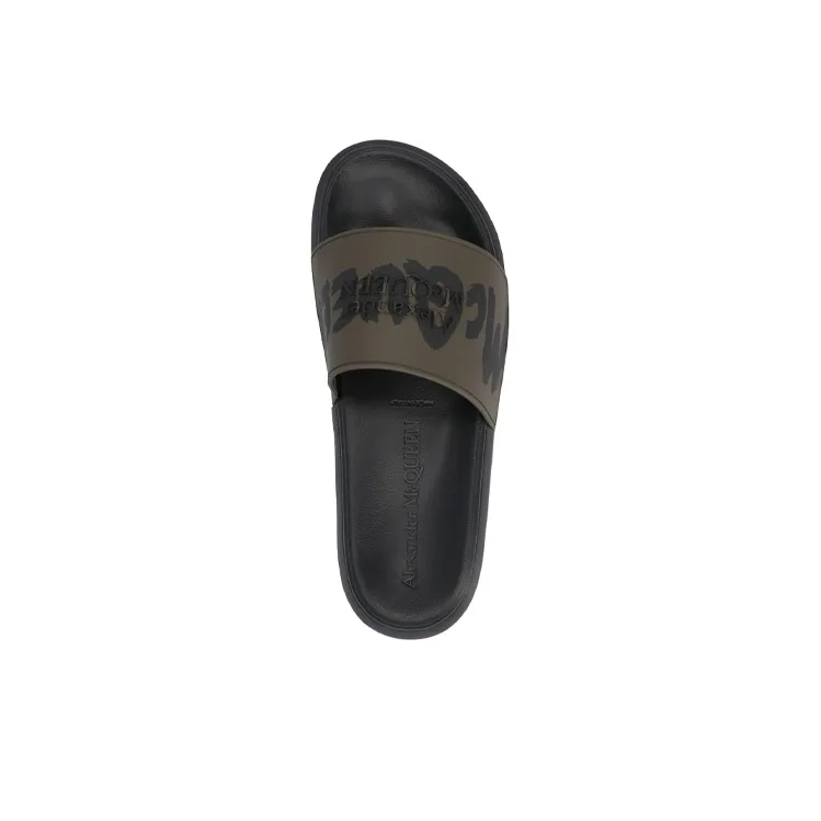Alexander McQueen Graffiti Pool Slides Green Black Women's-3