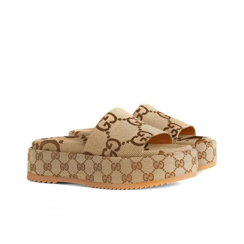 GUCCI Women's Gg Lame Platform Slide Sandal 'Camel Monogram' Women's-1