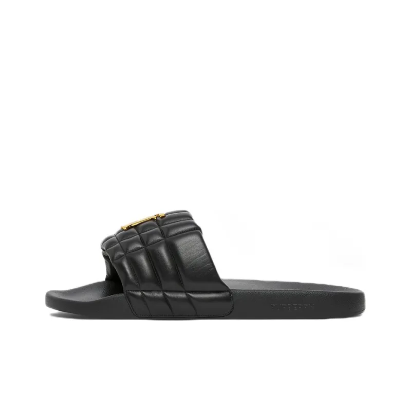 Burberry Monogram Motif Quilted Lambskin Slides Black Gold-tone-0