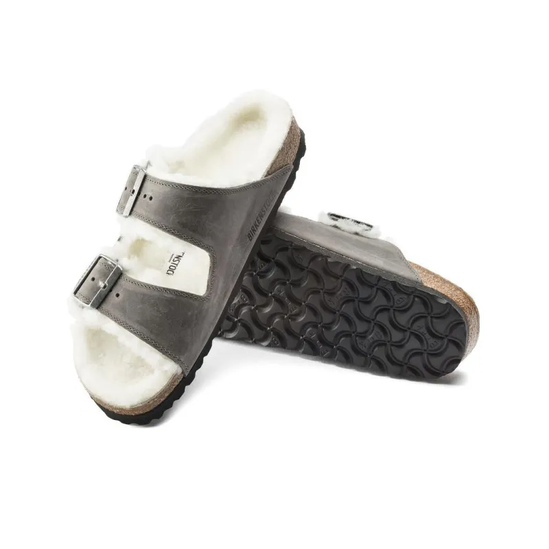 Birkenstock Arizona Shearling Waxy Leather Oiled 'Iron'-4