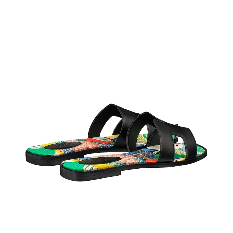 HERMES Oran Slide Slippers Women's Black Green-3
