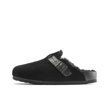 Birkenstock Boston Shearling Suede Reptile Embossed Strap Black