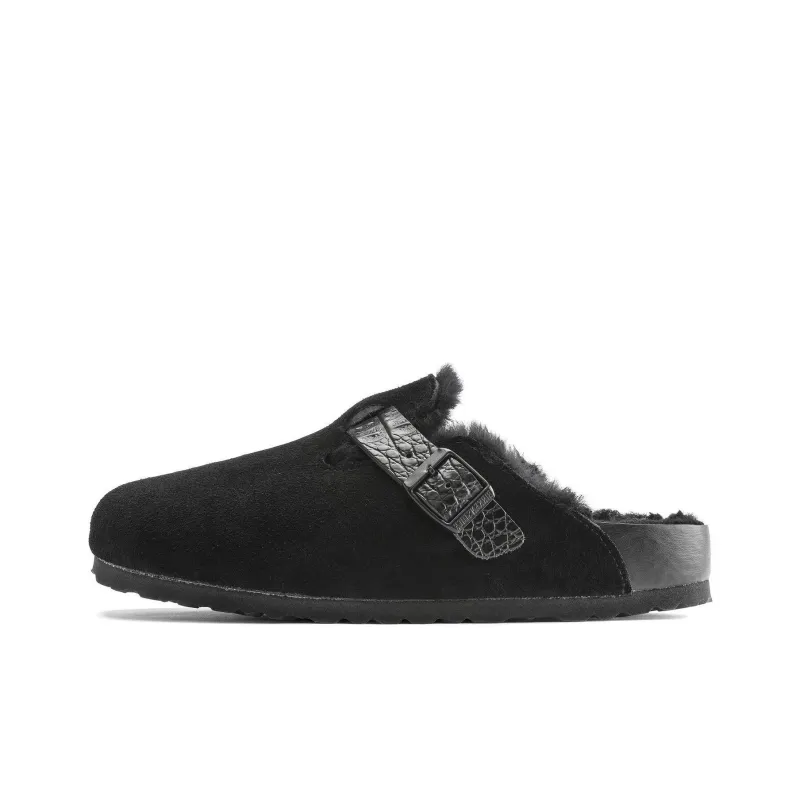 Birkenstock Boston Shearling Suede Reptile Embossed Strap Black-0