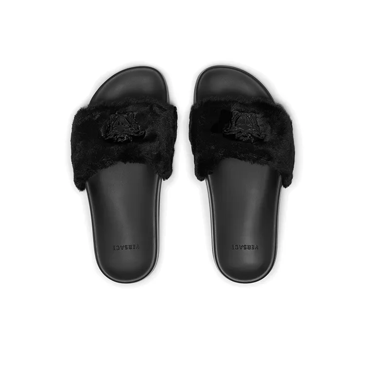 VERSACE La Medusa Faux Fur Slides Black Women's-2