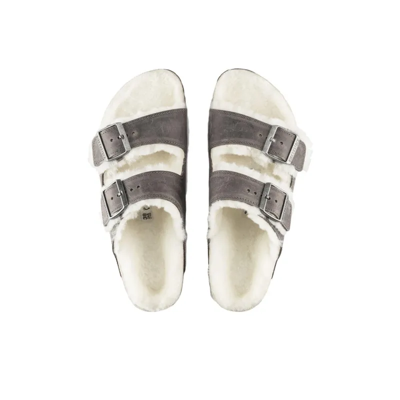 Birkenstock Arizona Shearling Waxy Leather Oiled 'Iron'-3