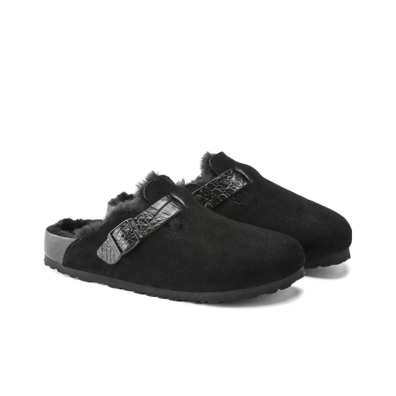 Birkenstock Boston Shearling Suede Reptile Embossed Strap Black-2