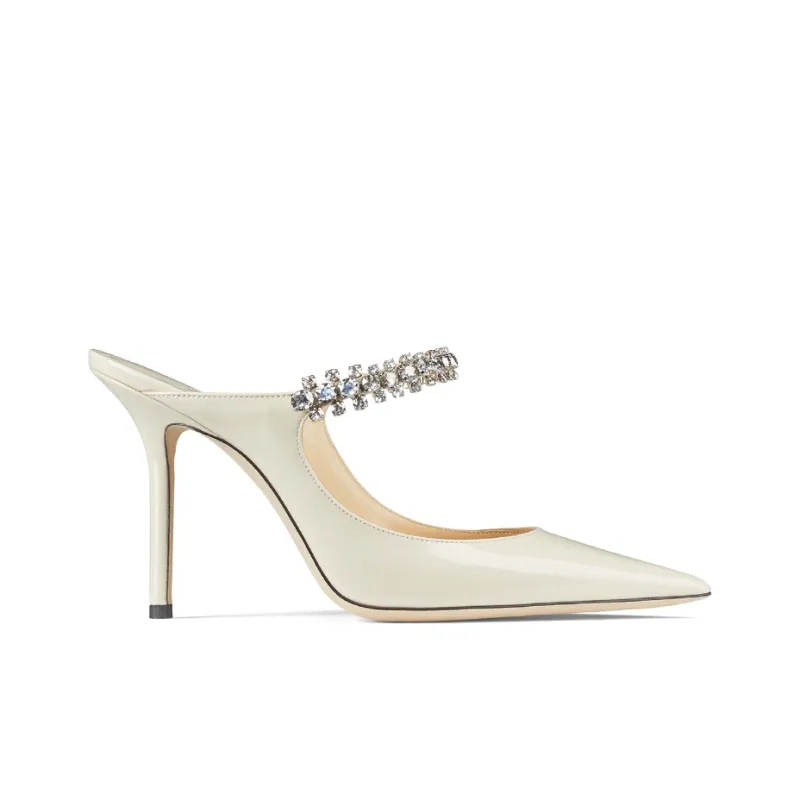 Jimmy Choo Linen White Bing 100 Crystal Anklet Patent Leather Mules-1