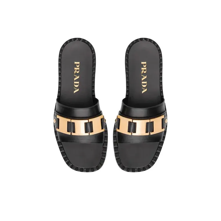 PRADA Slide Slippers Women's Black/Gold-4