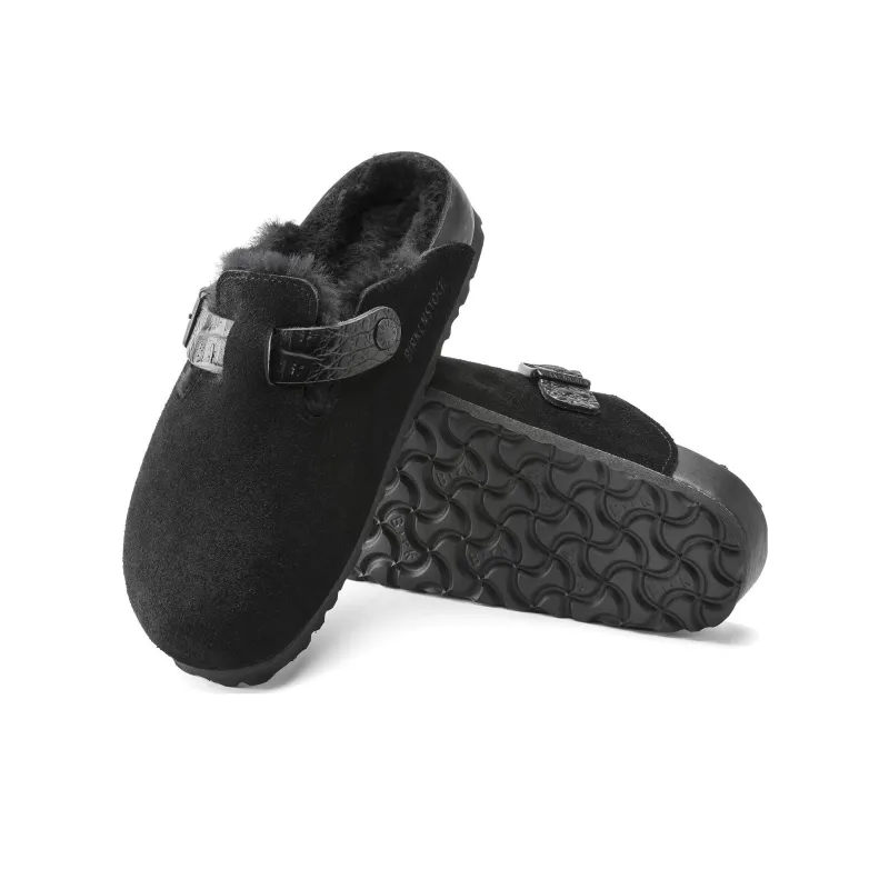 Birkenstock Boston Shearling Suede Reptile Embossed Strap Black-4