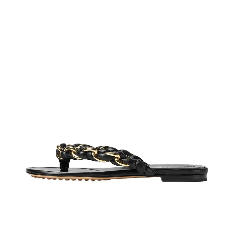 Bottega Veneta Dot Leather Patchwork Flip Flops Women's Black-0