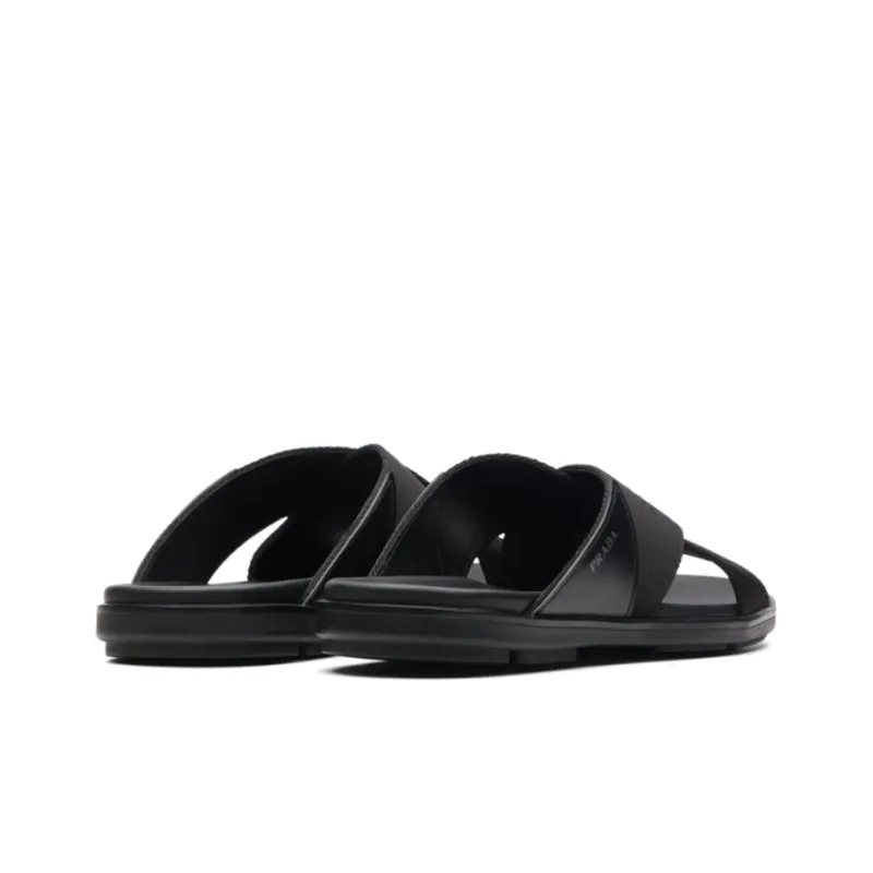 PRADA Nylon Tape Crisscross Slides Black Leather Men's-3