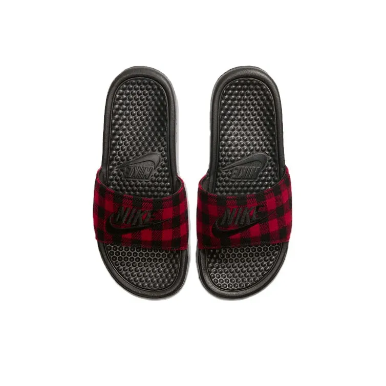 Nike Benassi Jdi Se Plaid Splicing Red Black Slippers 'Red Black' Women's-2