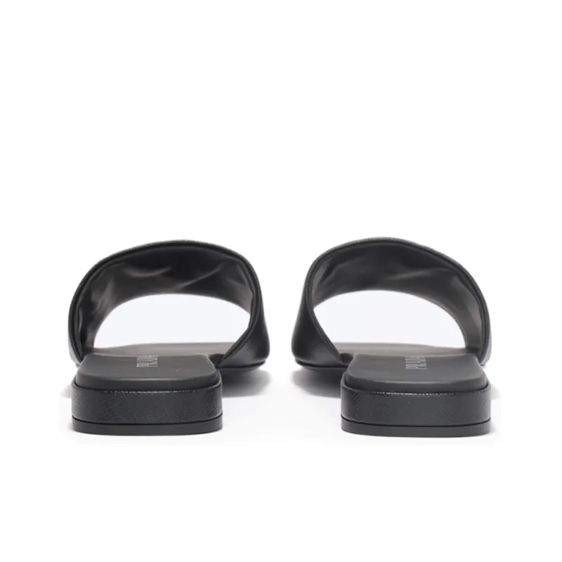 PRADA Logo Slide Sandals Black Saffiano Leather-2