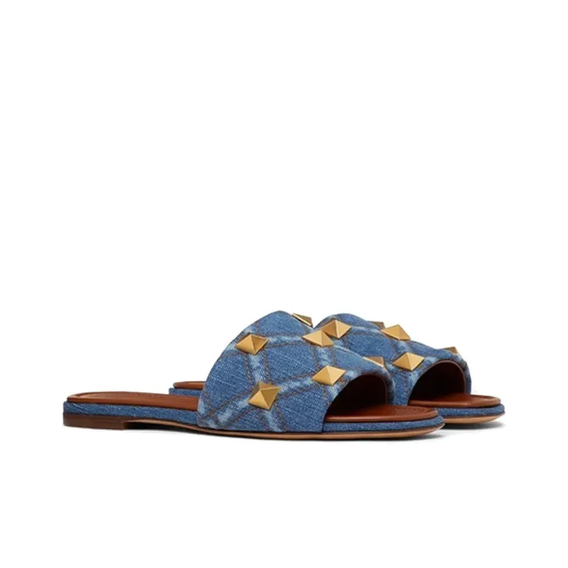 Valentino Rockstud Slide Slippers Women's Blue-2