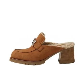 HERMES Abrasion Resistant Closed Toe Slippers 6cm Women's Brown