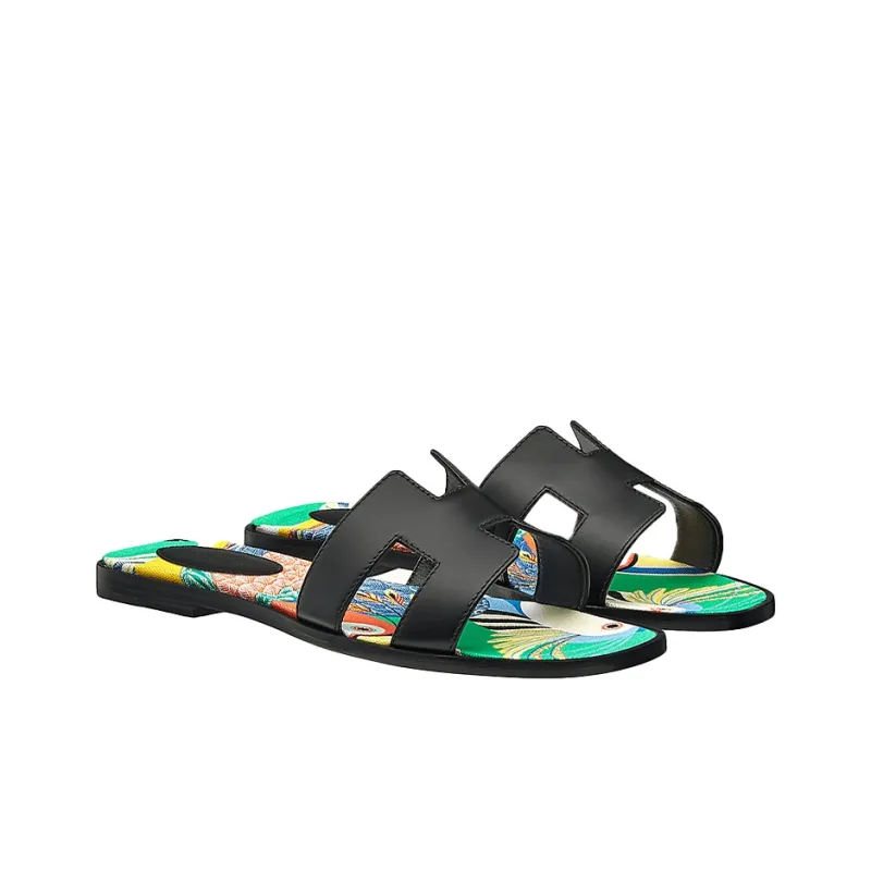 HERMES Oran Slide Slippers Women's Black Green-2