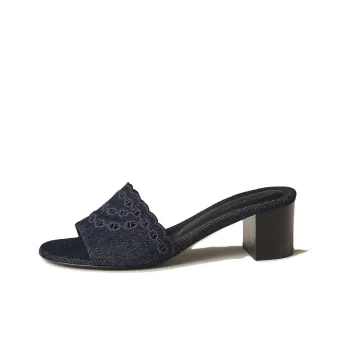 HERMES Gwladys Genuine Leather Sole Slip Resistant Slide Slippers Women's Marine Blue