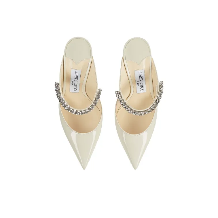 Jimmy Choo Linen White Bing 100 Crystal Anklet Patent Leather Mules-3