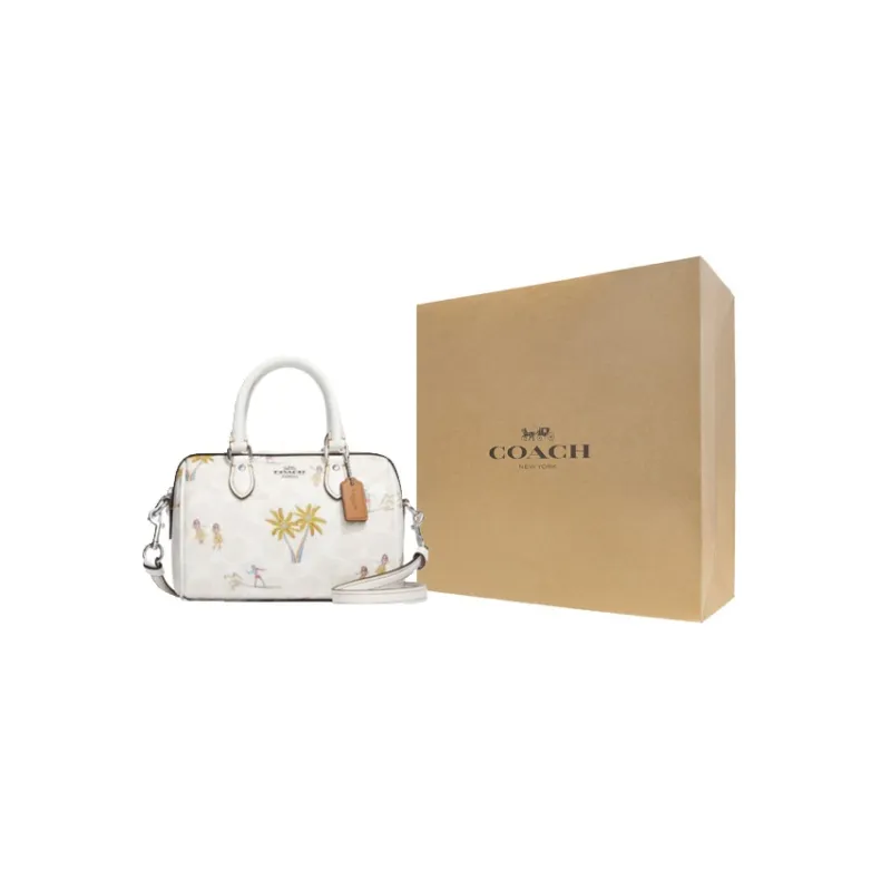 COACH Rowan Leather Boston Bag One Shoulder Handbags Small Size Women's White-6