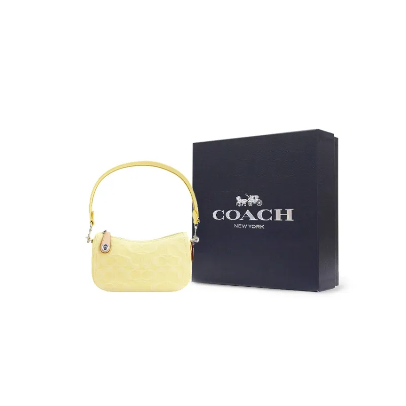 COACH Swinger Denim With Leather Crescent Bag, Handbag, Shoulder Bag Women's Yellow-7