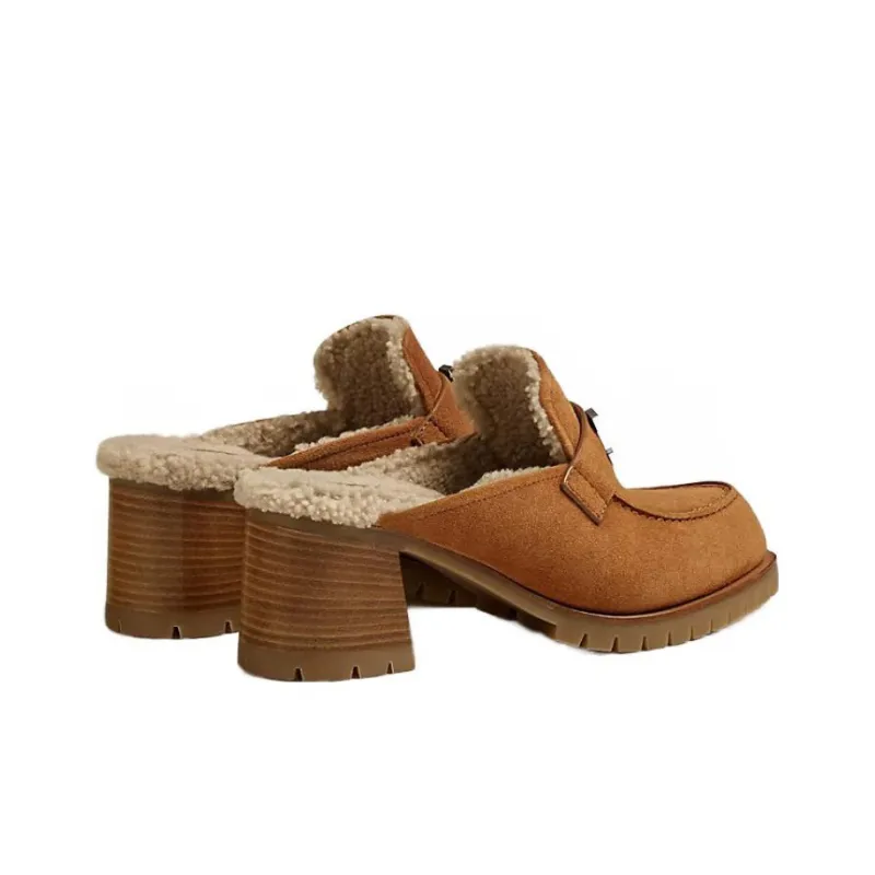 HERMES Abrasion Resistant Closed Toe Slippers 6cm Women's Brown-3