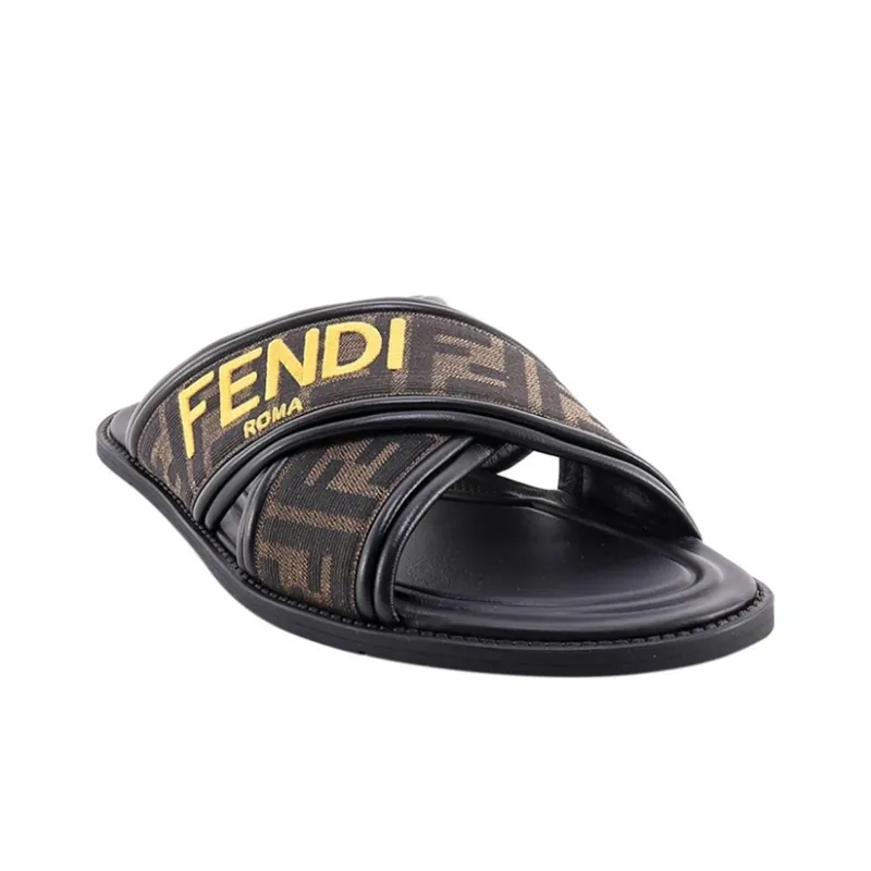 FENDI FF Motif Fabric Slide 'Embroidered Logo - Tobacco'-2