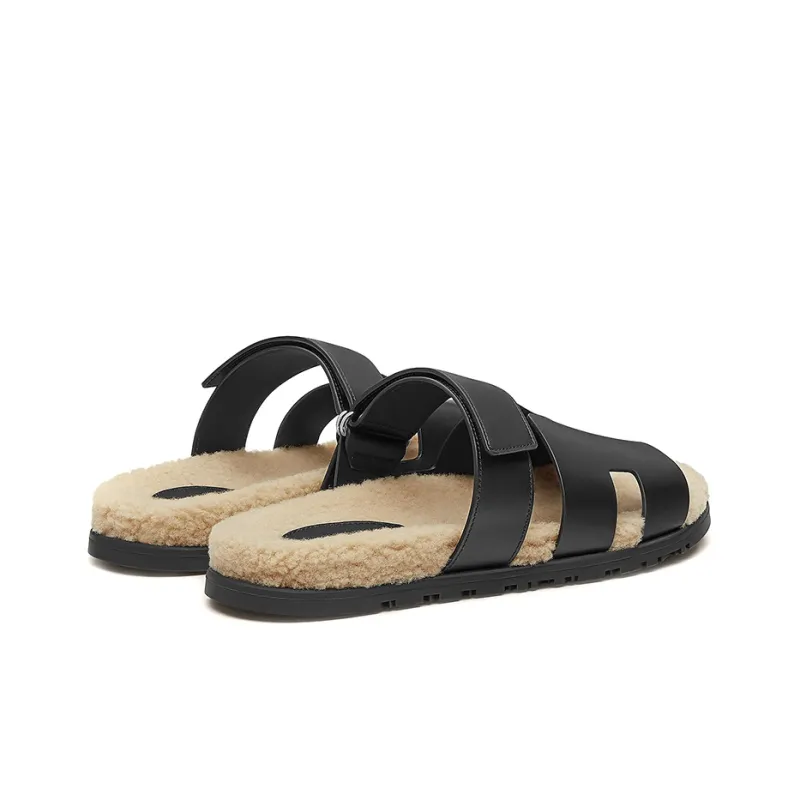HERMES Chypre Sandal Noir Leather Woolskin M-3