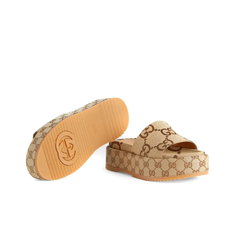 GUCCI Women's Gg Lame Platform Slide Sandal 'Camel Monogram' Women's-4