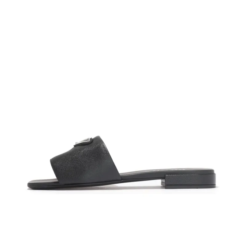 PRADA Logo Slide Sandals Black Saffiano Leather-0