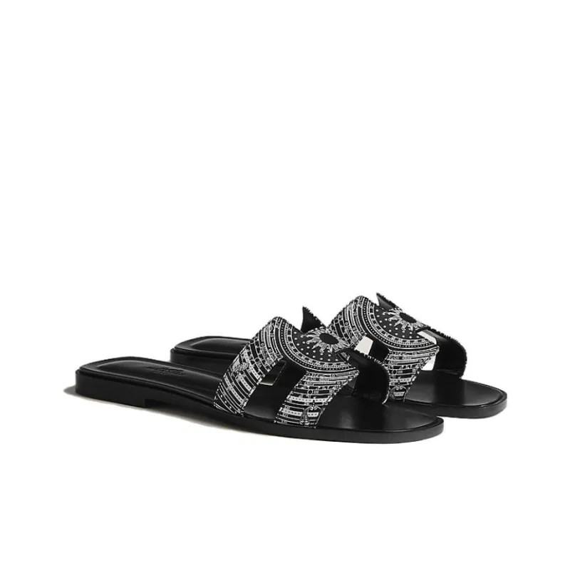 HERMES Oran Slide Slippers Women's Black White-3