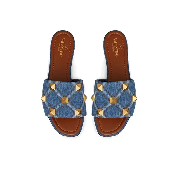 Valentino Rockstud Slide Slippers Women's Blue-3