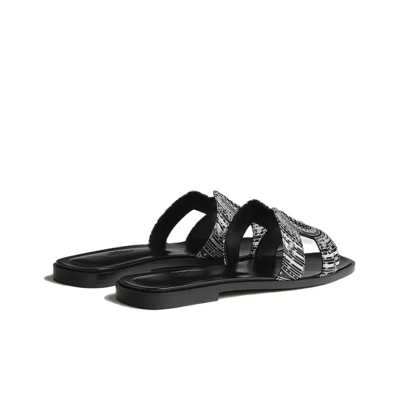 HERMES Oran Slide Slippers Women's Black White-4