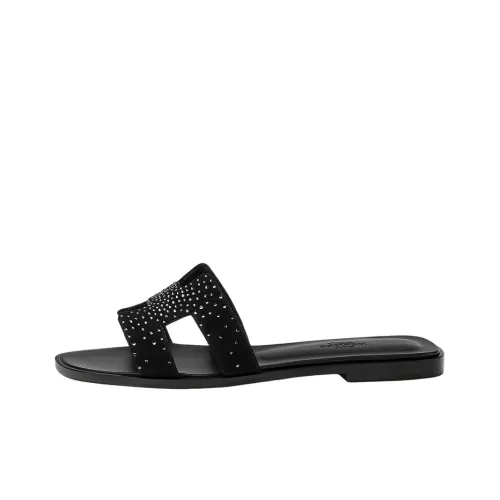 HERMES Oran Sandal Rhinestone Noir Suede Goatskin