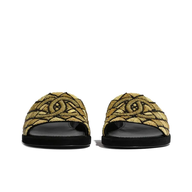 CHANEL Slide Slippers Women's Gold/Black-4