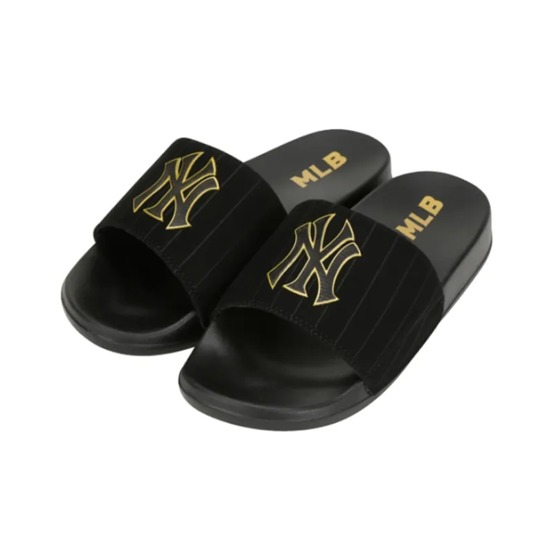 MLB Slipper Rubber Sole Slip Resistant Abrasion Resistant Slide Slippers Unisex Black Gold-1