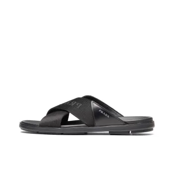 PRADA Nylon Tape Crisscross Slides Black Leather Men's