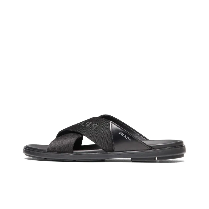 PRADA Nylon Tape Crisscross Slides Black Leather Men's-0