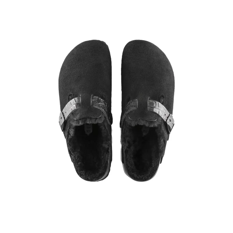 Birkenstock Boston Shearling Suede Reptile Embossed Strap Black-3