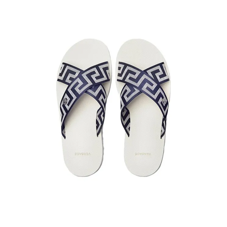 VERSACE Greca-Print Crossover-Strap Slide Navy White-2