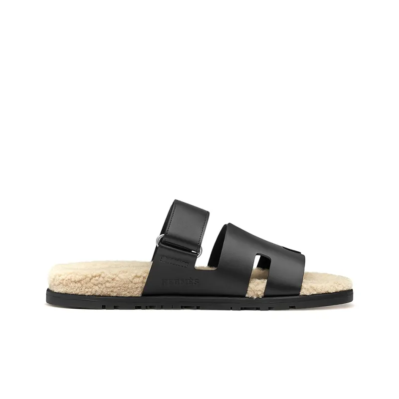 HERMES Chypre Sandal Noir Leather Woolskin M-1