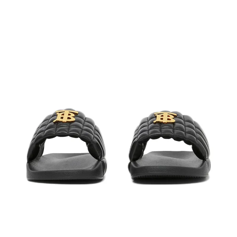 Burberry Monogram Motif Quilted Lambskin Slides Black Gold-tone-2