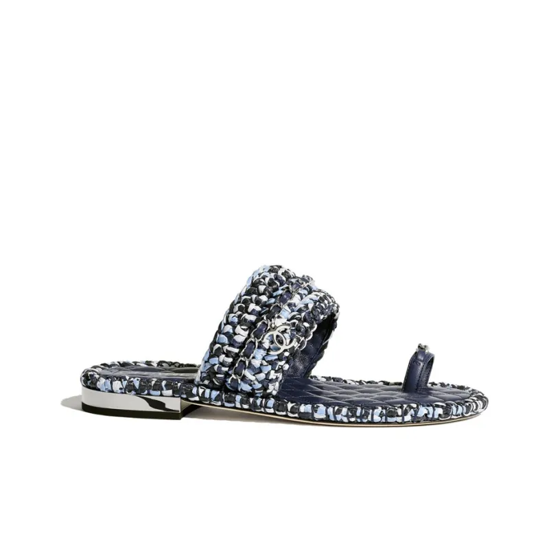 CHANEL Genuine Leather Sole Abrasion Resistant Slide Slippers Women's Blue Black-1