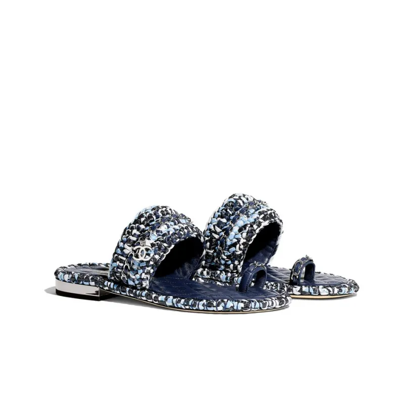 CHANEL Genuine Leather Sole Abrasion Resistant Slide Slippers Women's Blue Black-2